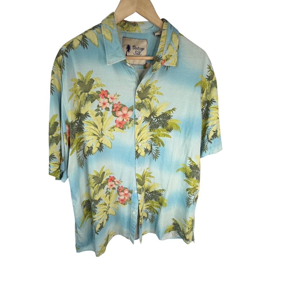 Vintage Silk Circa 1969 Mens XXL Blue Tropical Palm Hibiscus Silk Blend Shirt